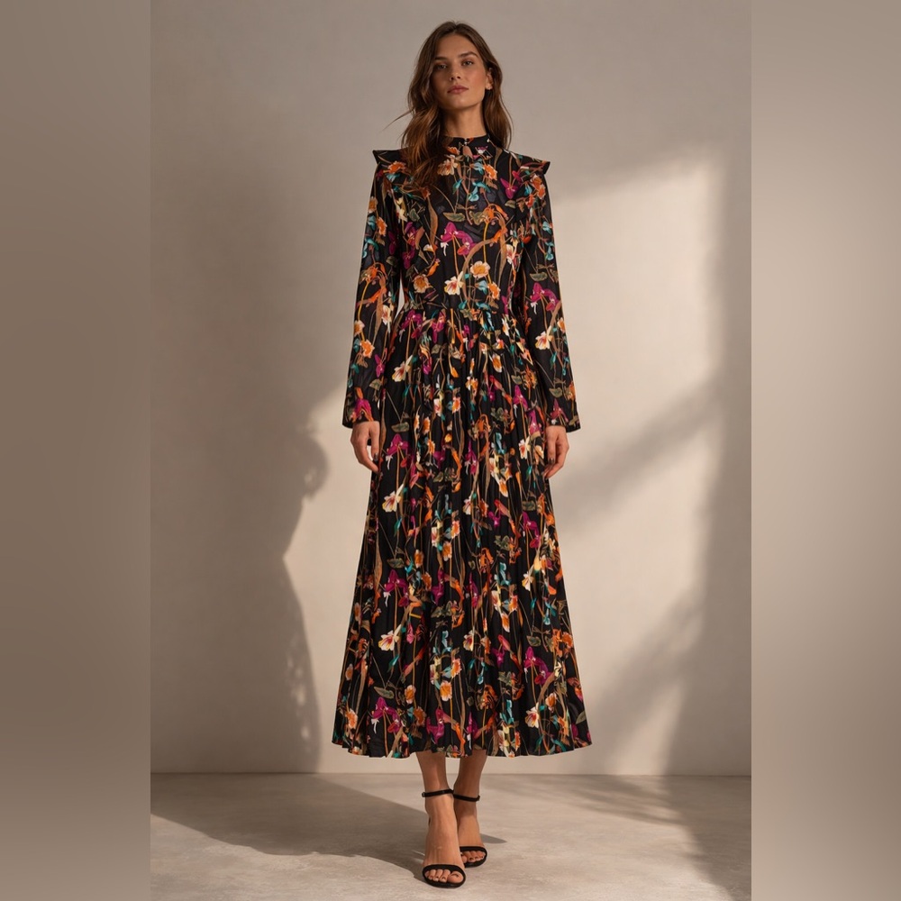 Artizia Little Moon Orchid Floral Midi Long Sleeve Drop Waist Dress